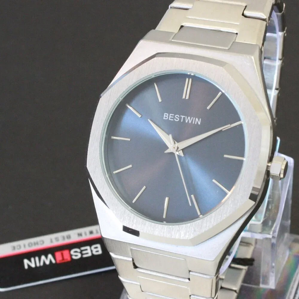 Men's Sports Watch Integrated Bracelet Silver Tone Blue Dial 41.5mm